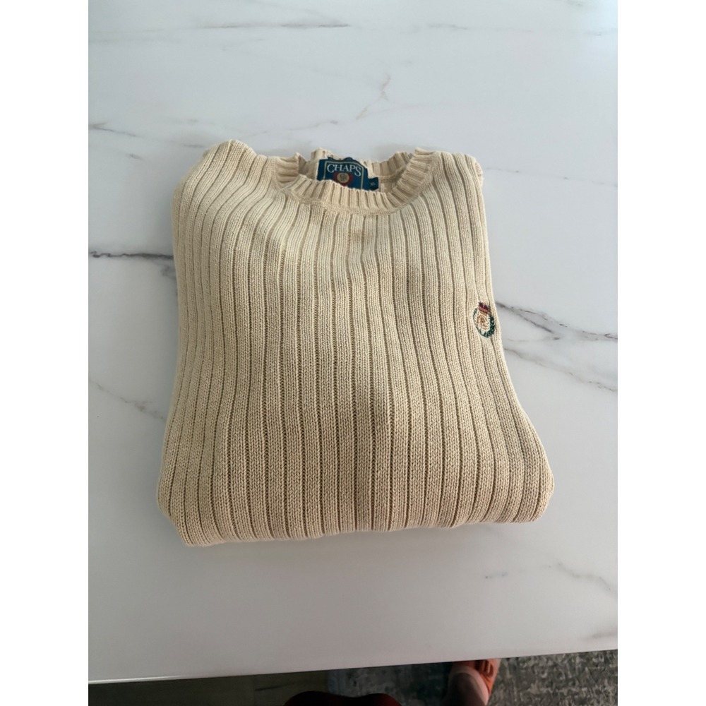 Vintage Chaps Ralph Lauren Mens XL Cream Ribbed Cotton Knit Crest Sweater Beige - Picture 4 of 7